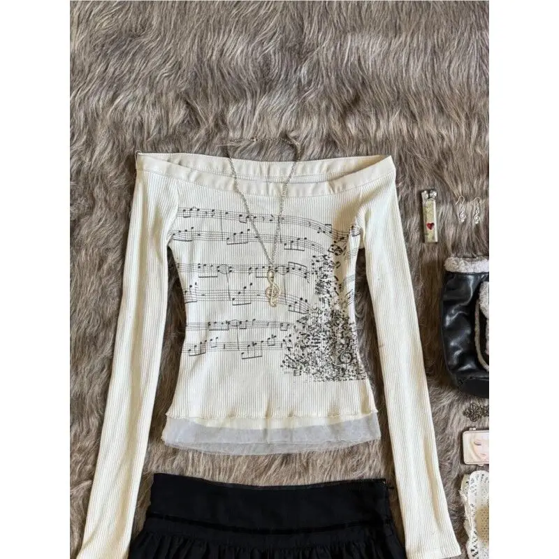 

Y2k Aesthetic Tshirts Women Korean Cotton Slim Fit All Match Tees Grunge Print Lace Patch T Shirt 2025 Long Sleeve Crop Tops