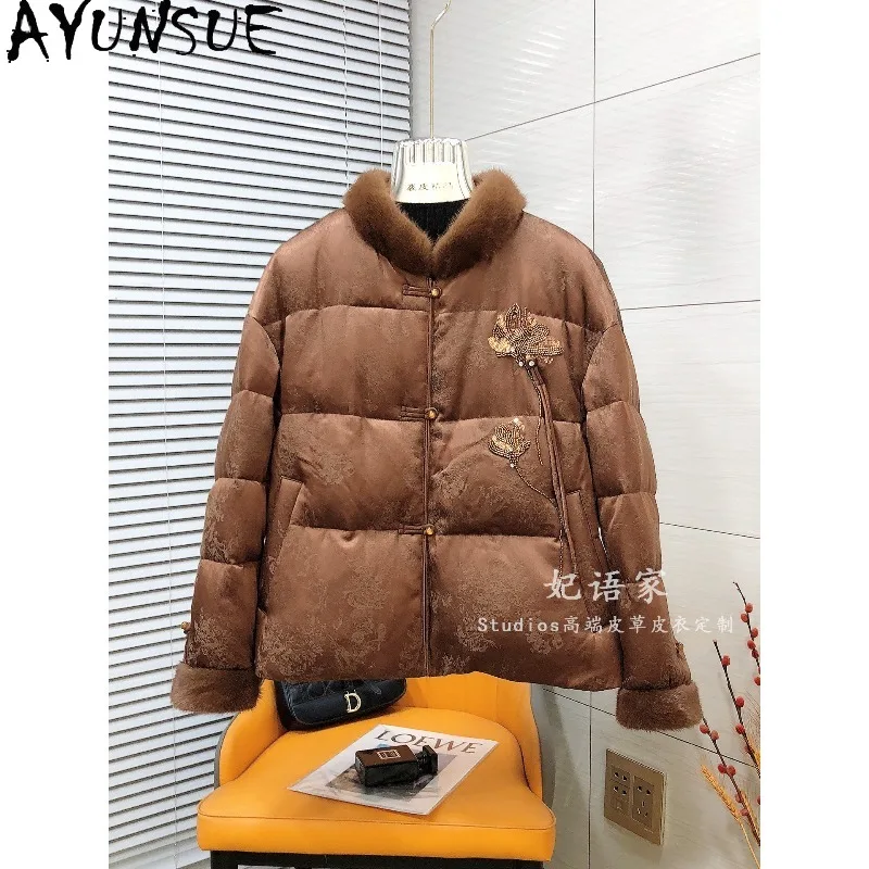 AYUNSUE Women's Down Coats Embroidered Jacquard Outerwear Fashion Mink Fur Goose Down Jacket Woman Winter Coats Куртка Женская