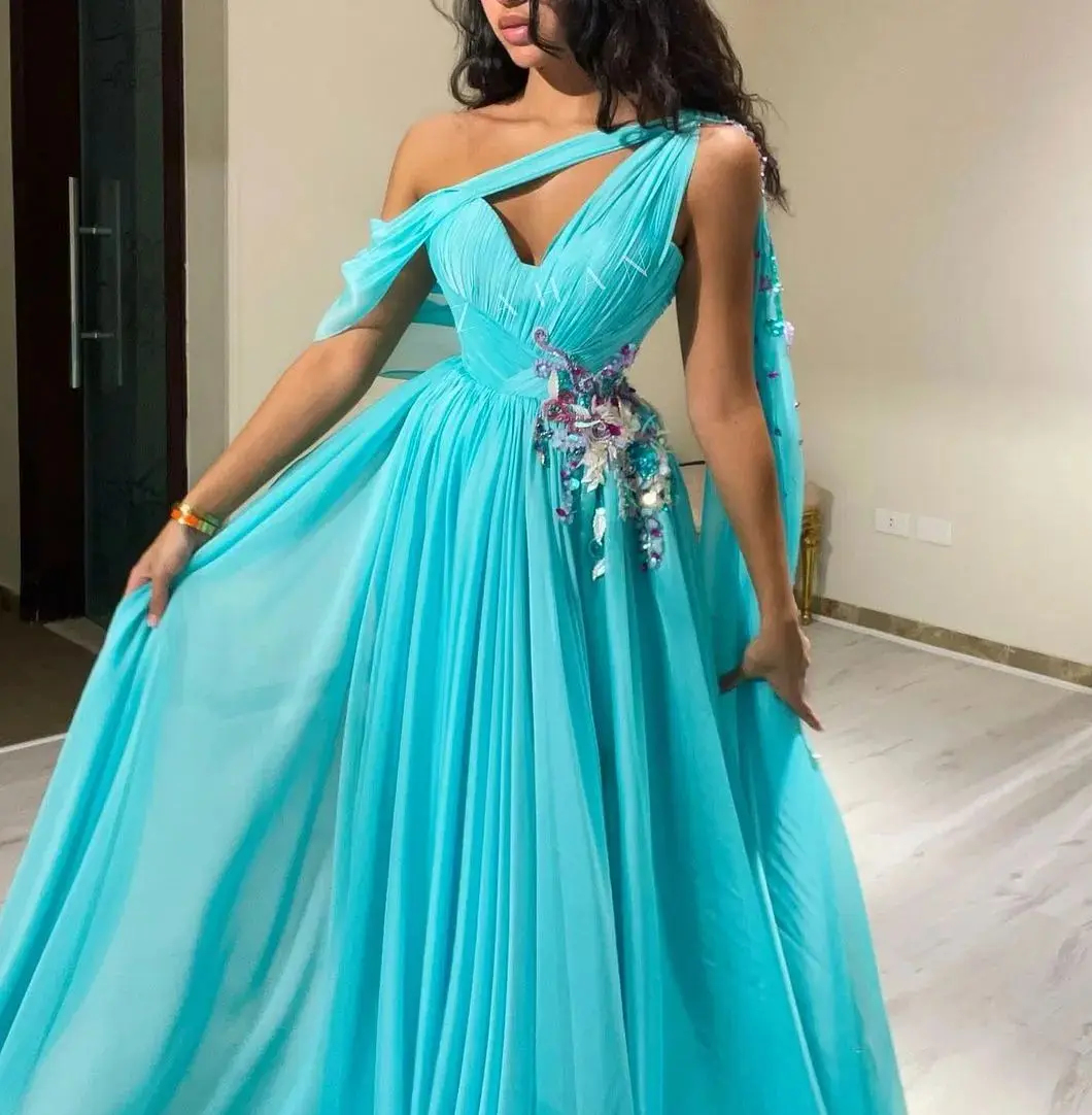 V Neck Evening Dresses Floor Length Beadings Prom Dresses gala Watteau Train Saudi Arabia Women For Wedding Blue Party Gowns New