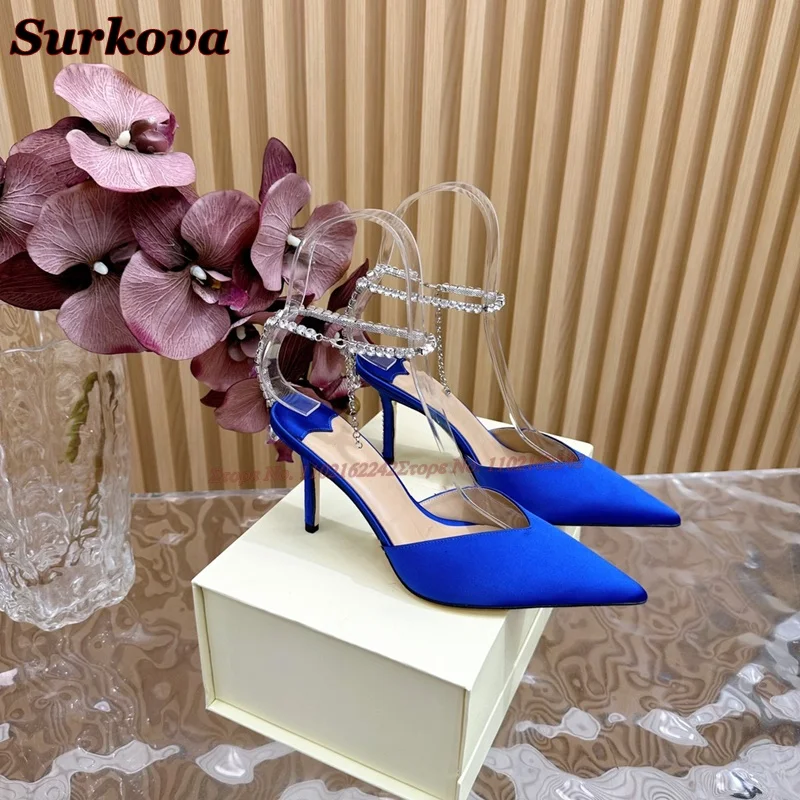 

2024 Autumn Rhinestone Silk Pumps Pointed Stilettos Elegant Sandals Women Fashion Luxury Designer Evening Shoes Blue Heels Women