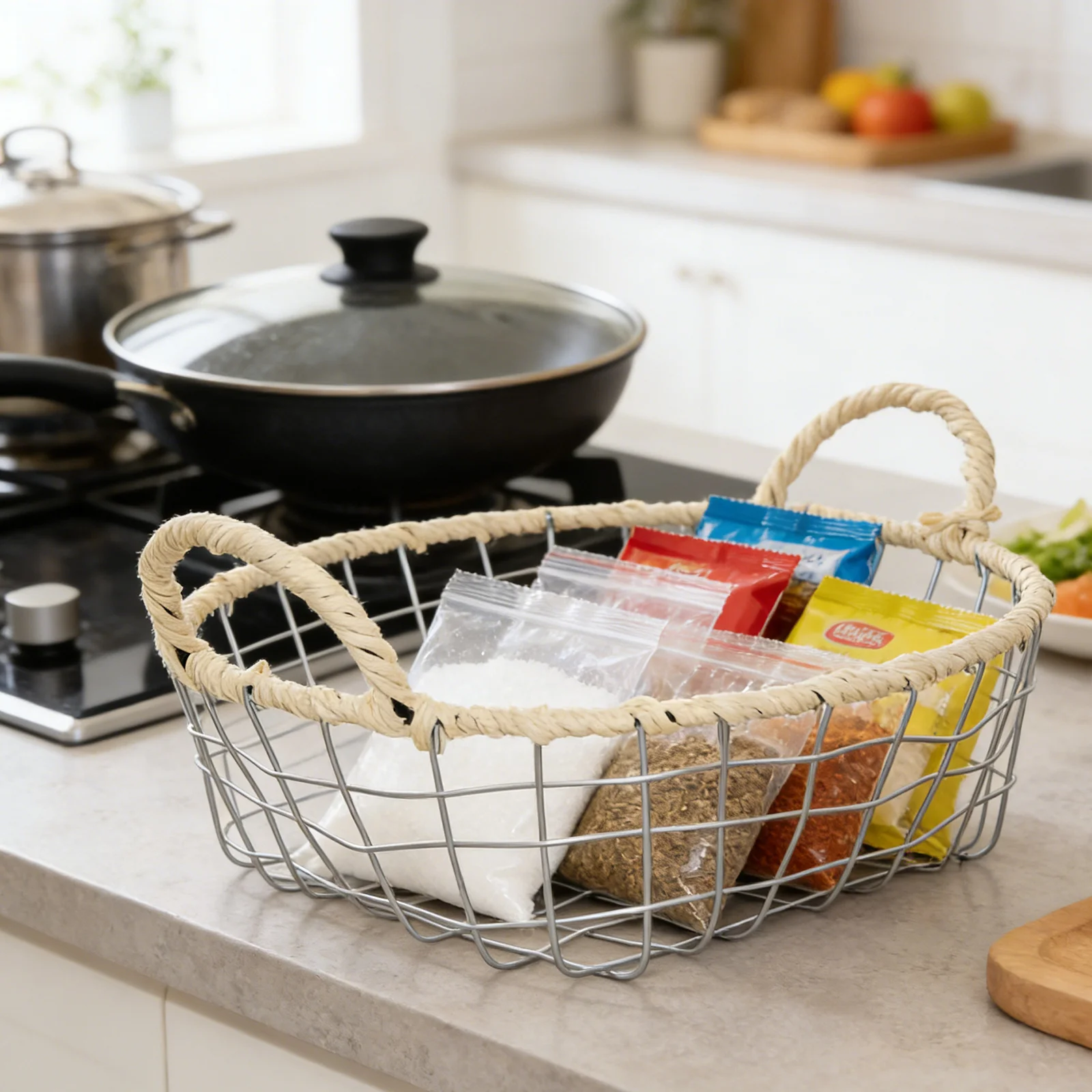 

Hand Woven Wire Storage Basket with Handle for Snacks Fruits Vegetables Multifunctional Organizer Rust Resistant Home Decor