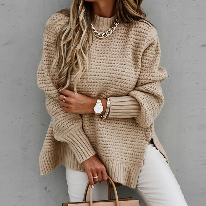 Autumn Winter Long Sleeved Solid Color Women Pullover Lazy Style Side Split Knitted Sweaters Fashion Comfortable Woman Clothing