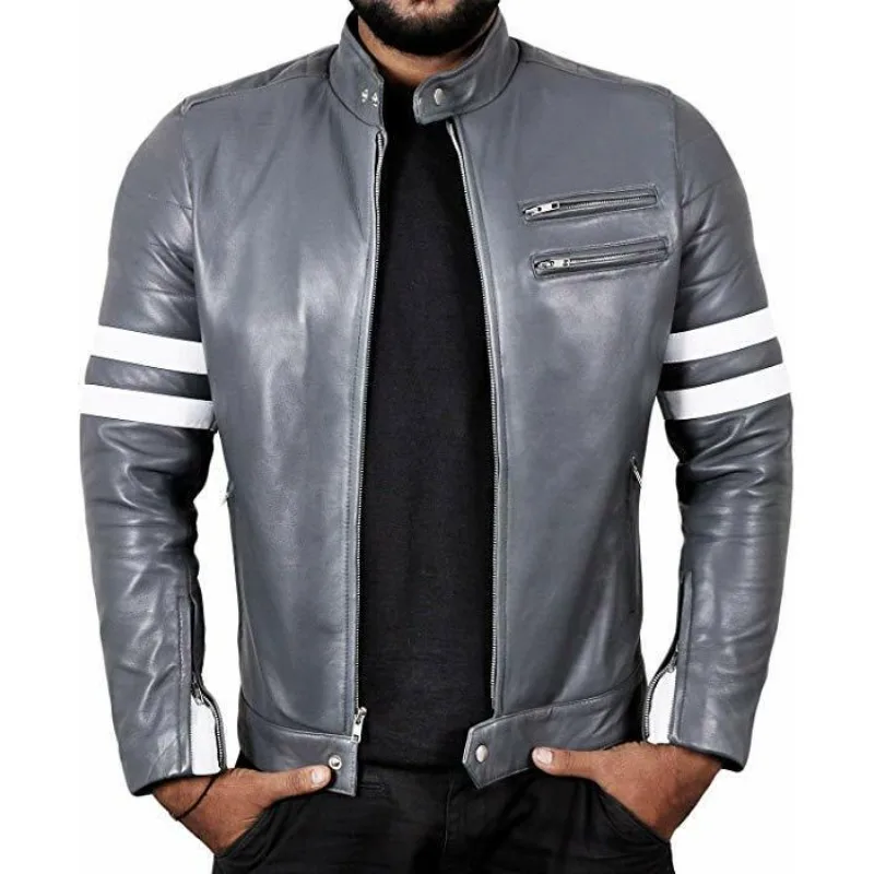 

NEW Pattern Men's Genuine Lambskin 100% Leather Jacket Motorcycle Striped Jacket