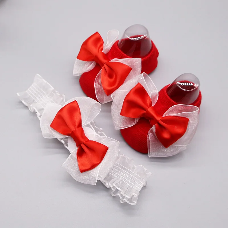 

2PCS/Set Baby Headband Socks Lace Bow Princess Girl Elastic Hairbands Newborn Cotton Boat Socks Kids Hair Accessories Headdress