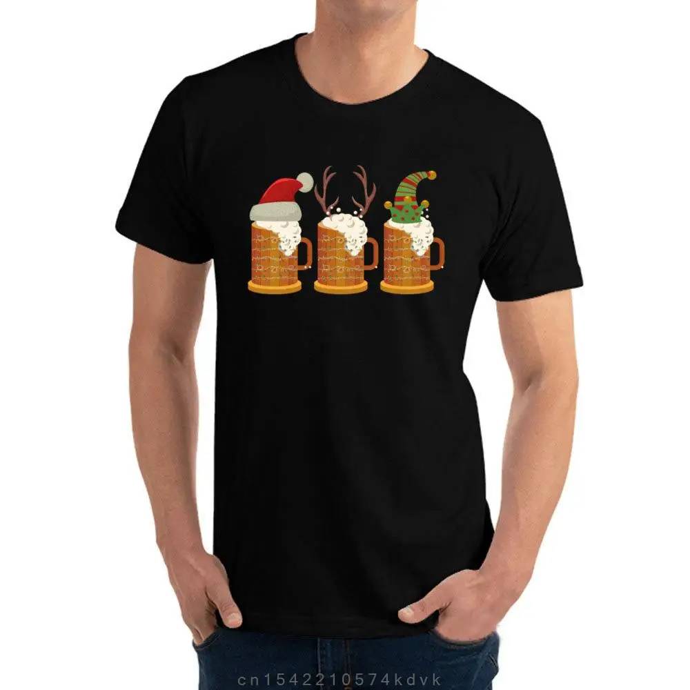 Adult Tops & Tees O-Neck Premium Cotton Mens Tshirts Christmas Beer Mugs Santa Elf Reindeer Drinkin Crazy Design T Shirt Man