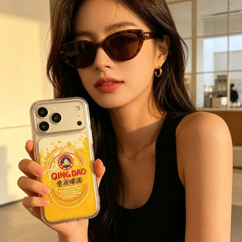 Funny Qingdao Beer Liquid Quicksand Phone Case For iPhone 17 16 15 14 13 12 11 Pro Max Plus 16E 17E Clear Shockproof Soft Cover view 6