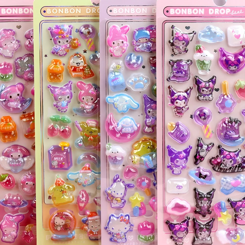 Kawaii Sanrio 3D 빛나는 릴리프 스티커 귀여운 Kuromi 멜로디 스티커 장식 수하물 전화 노트북 만화 크리스탈 데칼 선물