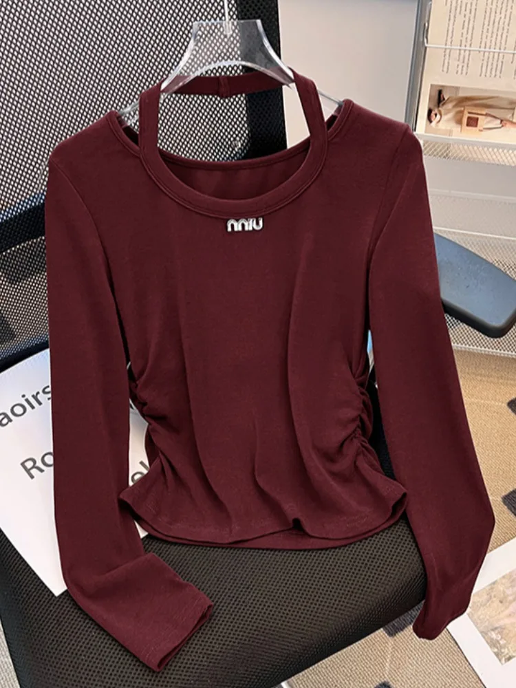 

Pure Cotton Long Sve T-irt Women's Early Autumn Design Sense Waist Cinched Pleated ort Top Self-Kee Sle