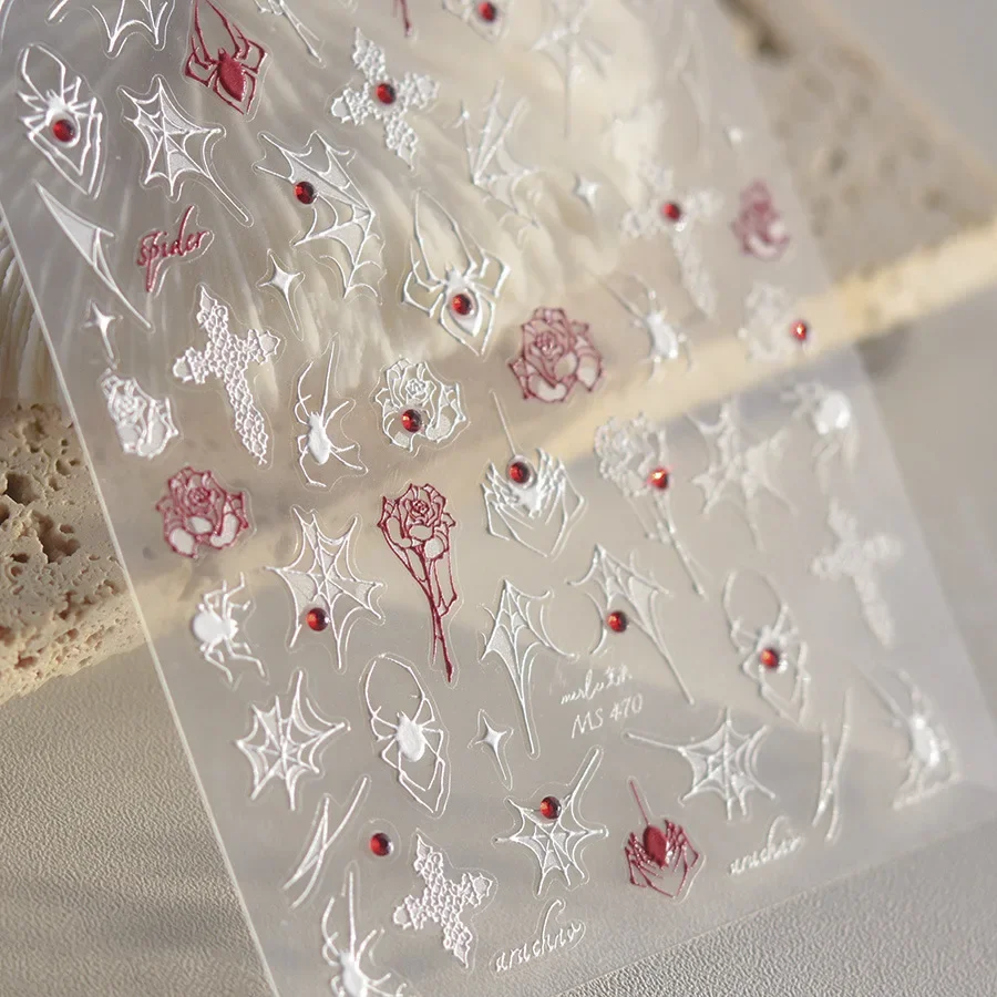 1pcs 5D Rhinestone Spider 3D Nail Art Stickers Cross Web Silver White Black Gothic Rose Adhesive Decals Halloween Nail Supplies