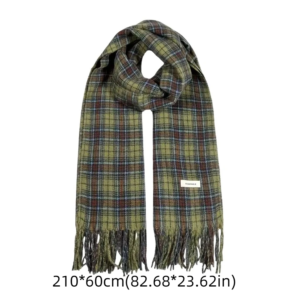 Klassieke kwastje geruite wollen sjaal Retro groene pluche lange sjaal Kasjmier sjaal Koreaanse stijl sjaals Winter kasjmier sjaals Student