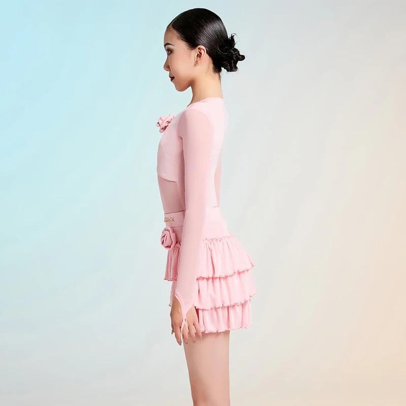 2025 crianças rosa camisa de manga comprida bolo saia roupas de treinamento de dança latina para meninas chacha rumba dança latina wear dqs21338