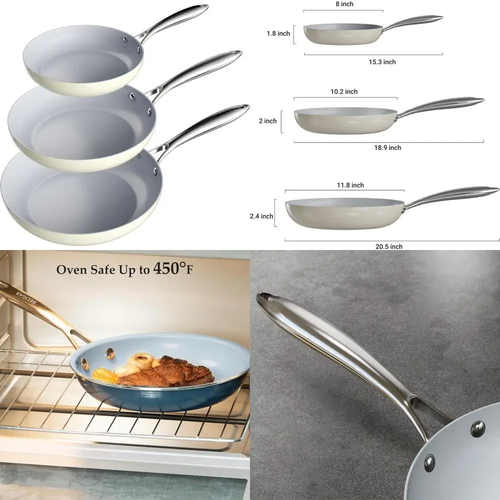 

Набор сковородок с антипригарным покрытием — посуда из 3 предметов с кастрюлями размером 8, 10 и 12 дюймов, безопасная для посудомоечной машины и духовки, нетоксичная, идеально подходит для сковородок.