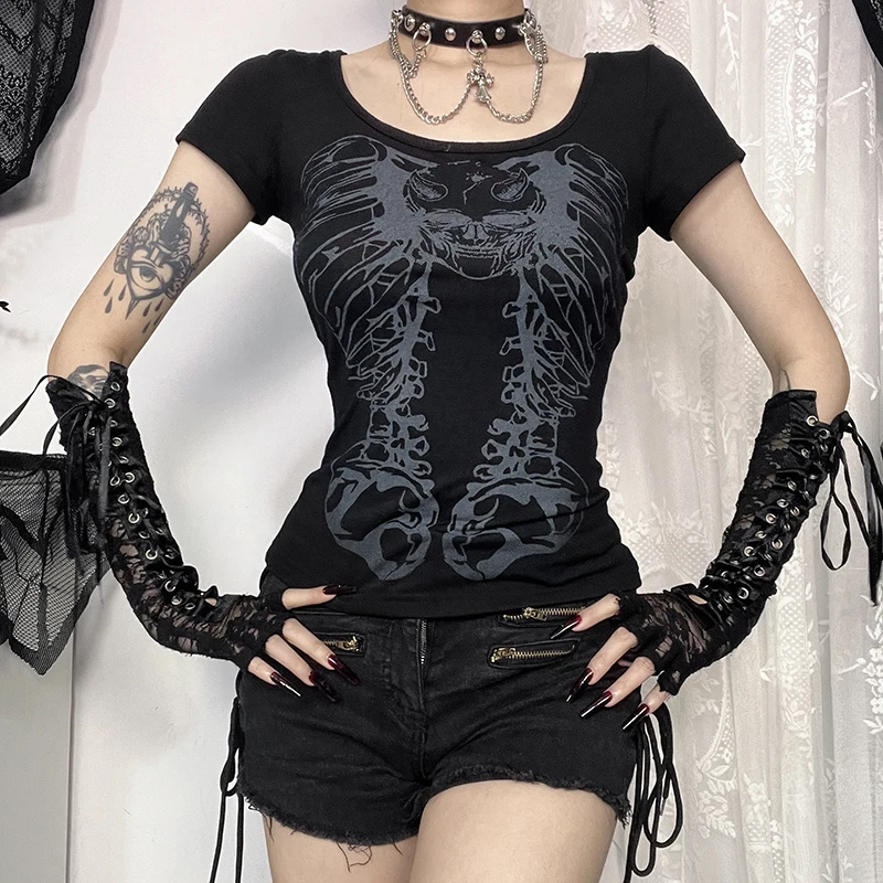 Y2K Goth Black Skull Bone Print Short Sleeve Slim T-Shirts Sexy Hollow Out Backless Corset Top Women Summer New Fashion Tees