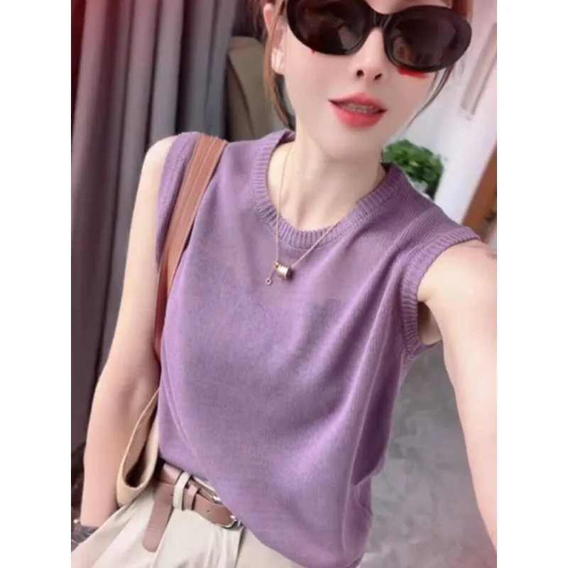 Ice Silk Knitted Sleeveless Summer 2024 New Simple Ulzzang Solid Color Commuter Casual Hot Sale Short Versatile Tank Top