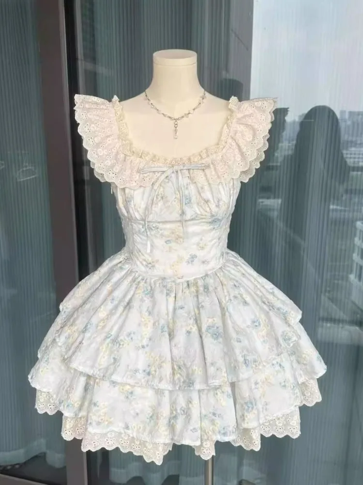 

Sweet Floral Prints Mini Dress Women Casual Ruffles Summer One Piece Dress Female Korean Style Elegant Slip Dress 2025 Summer