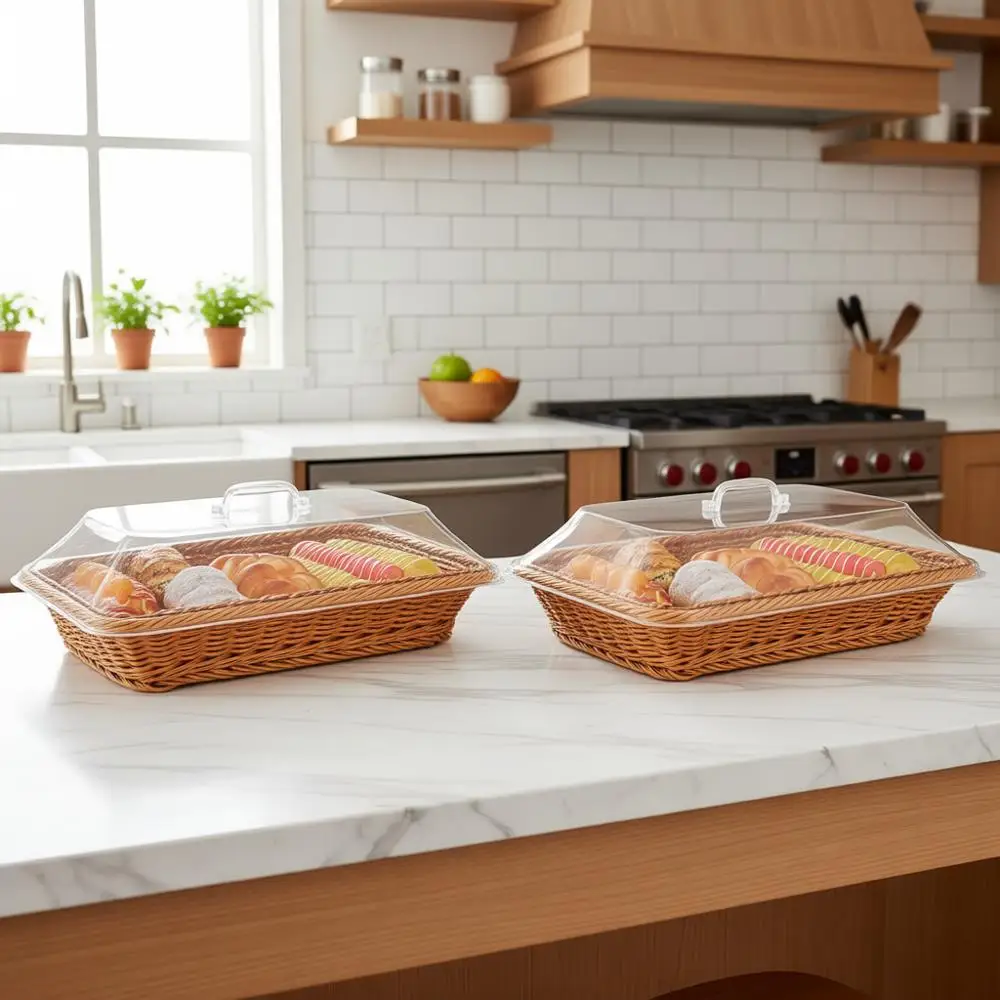 

Large Wicker Bread Basket with Acrylic Lid, Rattan Style for Home Kitchen Use