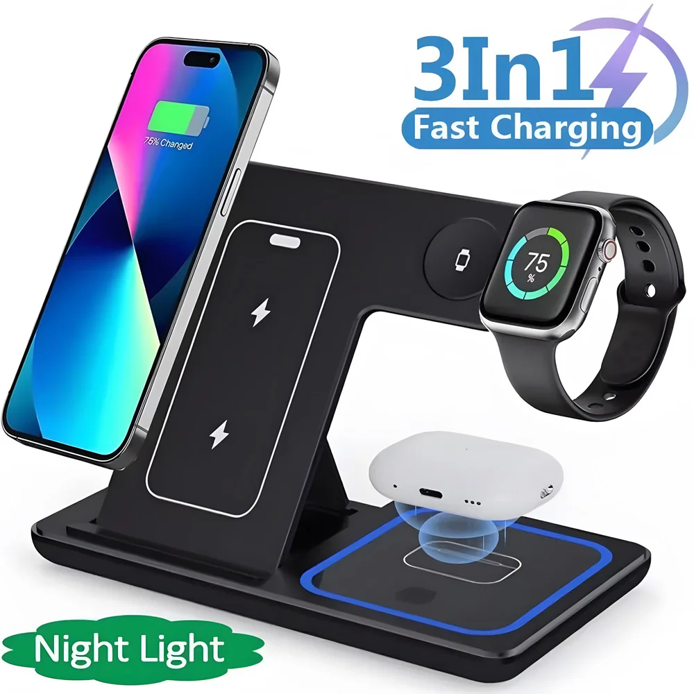 30W Fast Wireless Charger Stand for iPhone 16 15 14 13 12 11 3 in 1 Foldable Charging Station For iWatch 9 8 7 6 5 Airpods