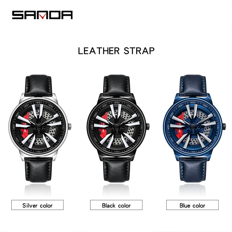 SANDA-reloj deportivo de cuarzo para hombre, cronógrafo con correa de cuero, cubo de rueda de coche, estilo militar, nuevo diseño, P1111