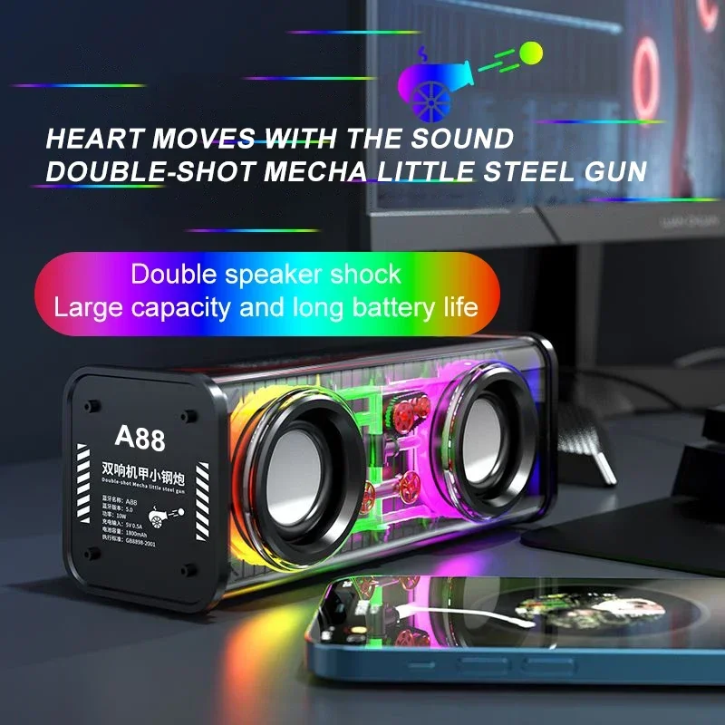 A88 Transparent Mecha Wireless Bluetooth Speaker Portable Subwoofer Stereo TWS Dual Machine Interconnection Music Center Speaker