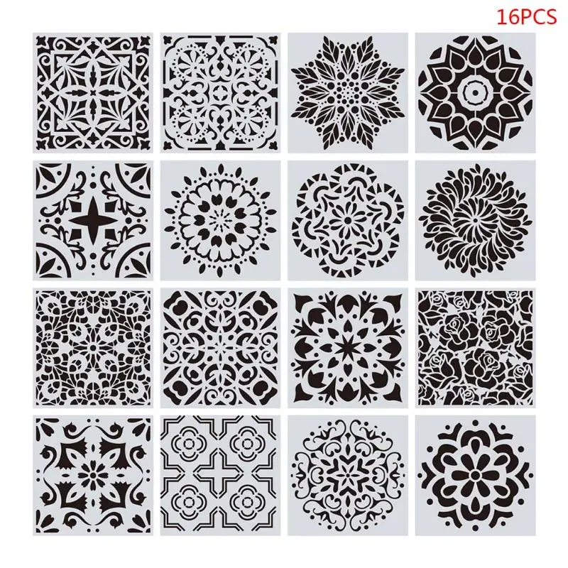 16pcs/set Mandala Stencils DIY Drawing Template Wall Painting for Wood Tiles Rock Home Decoration 15x15cm L41E