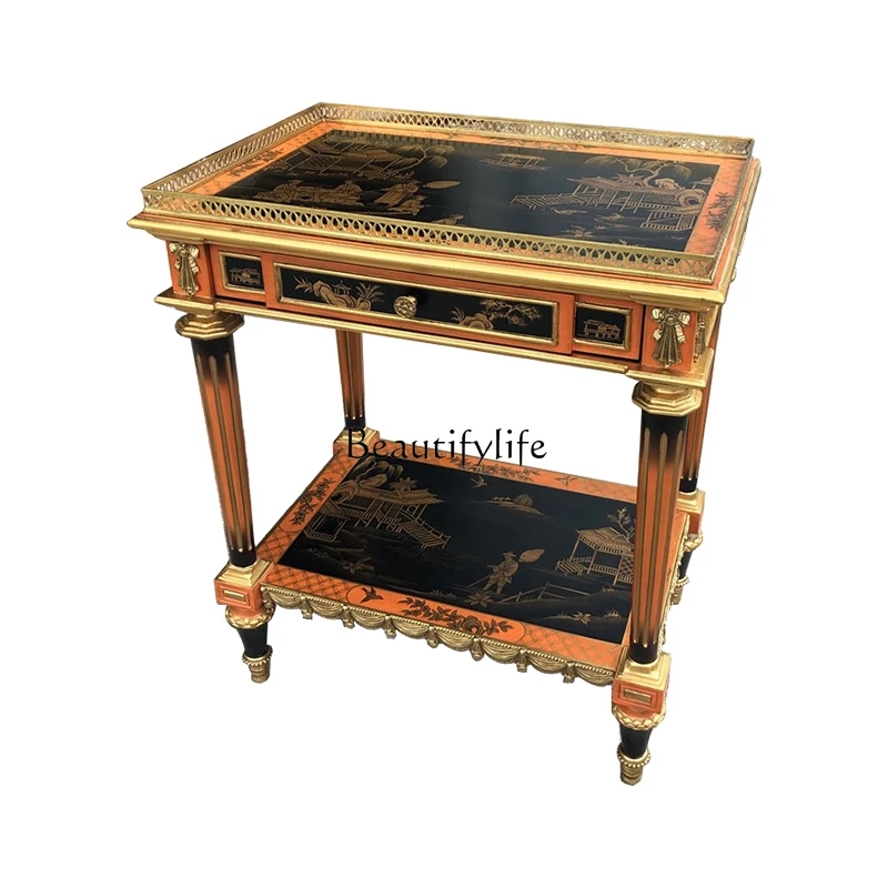 

European luxury hand-painted small coffee table French double-layer pure copper living room sofa corner table casual negotiation
