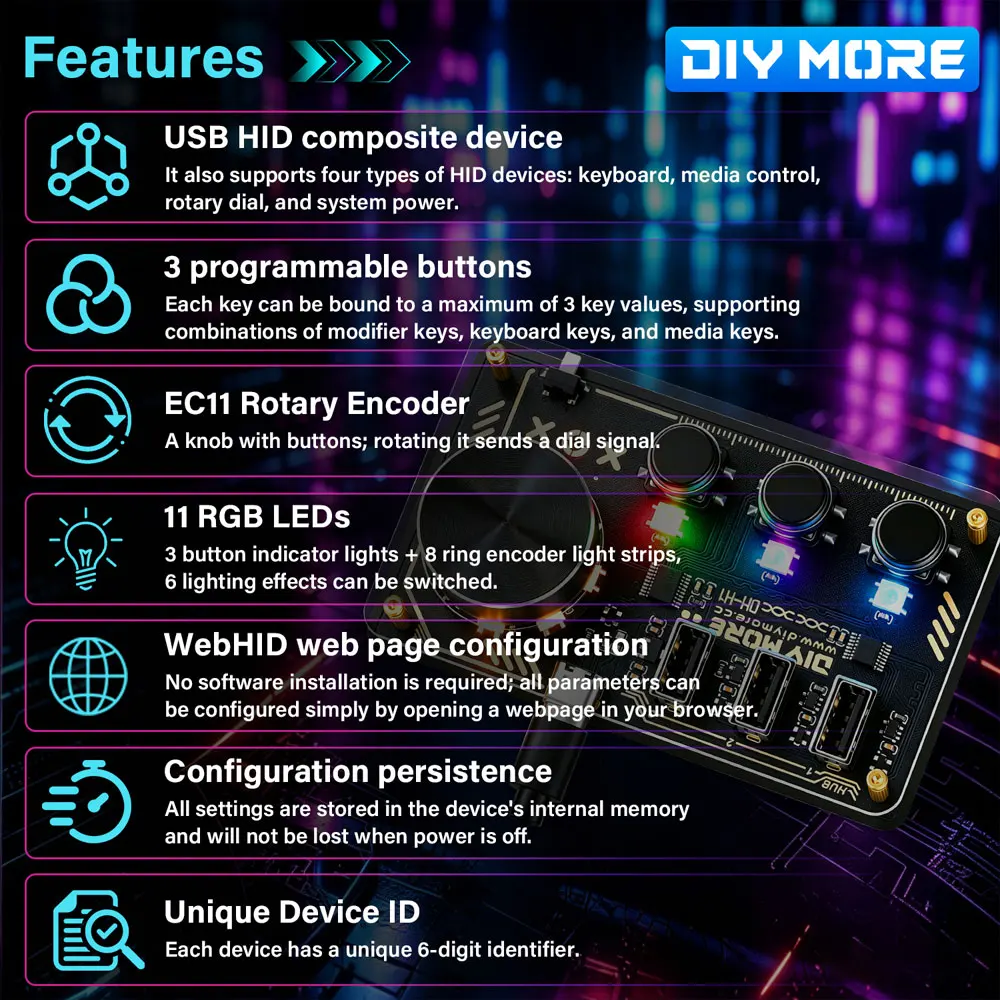 DIYMORE HUB DM-H1 HID Controller, 5V DC desktop controller, hub, 3 programmable buttons + 11 RGB LEDs, Type-C port