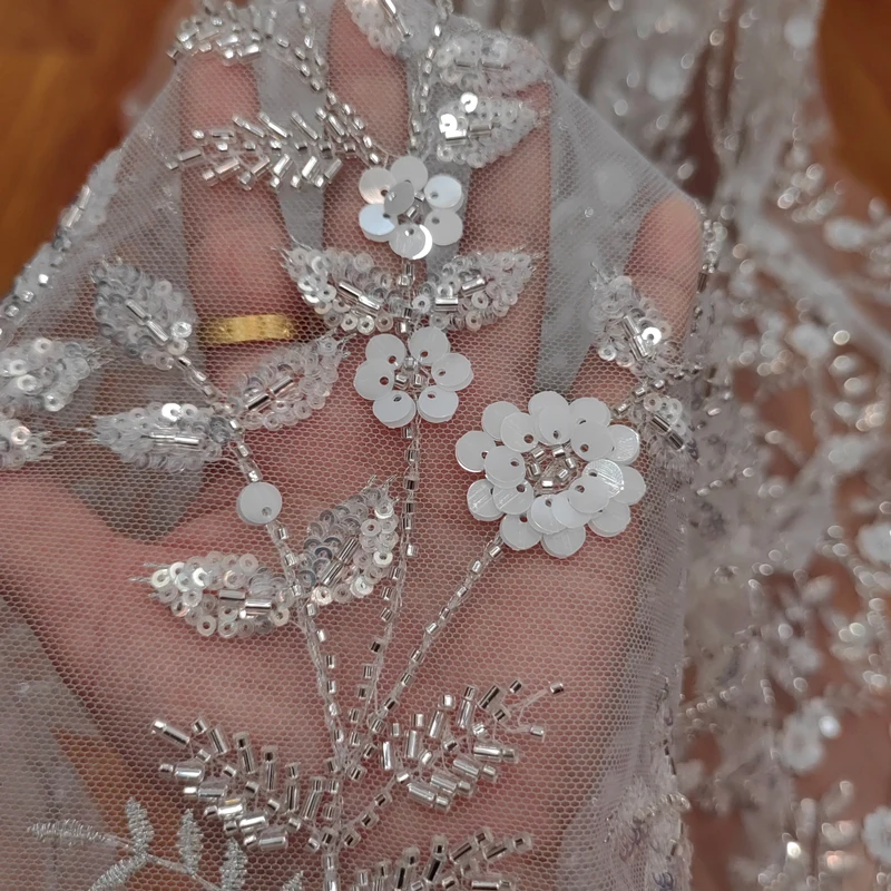 العاج الفضة الترتر بريق شبكة البريق النسيج قاعدة القماش فساتين الزفاف المطرزة كامل حبة نبات الدانتيل المواد #4