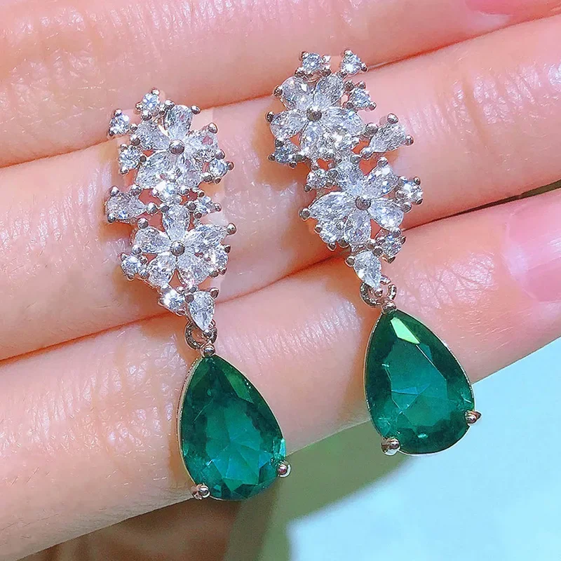 

New Zircon Flower Water Drop Earrings for Women Elegant Delicate Sweet Emerald 925 Sterling Silver Earring Girls Party Jewelry