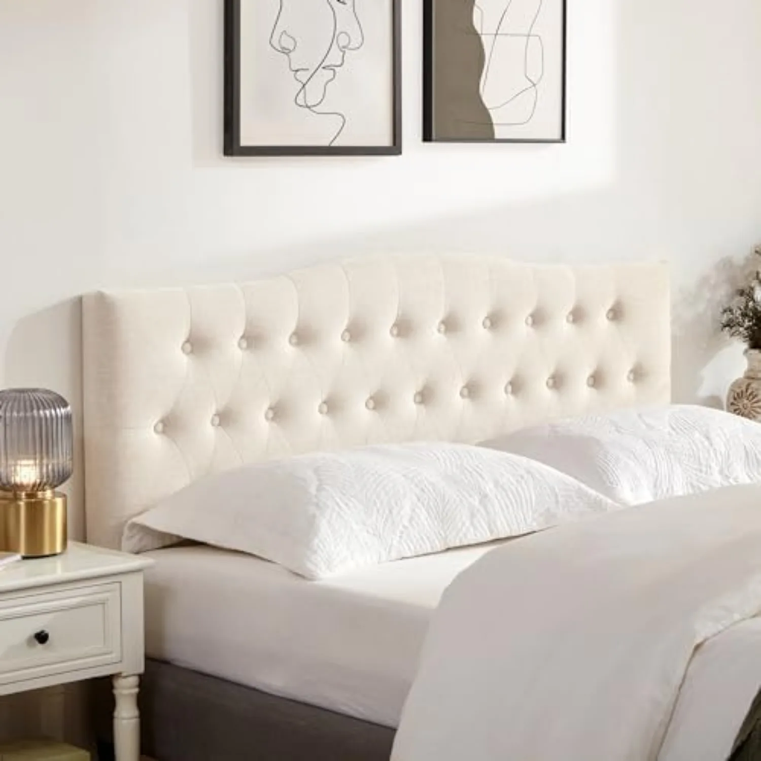 Tufted Headboard Queen Size, Solid Wood Adjustable Height Head Board, Beige | Upholstered Queen Headboard Only with