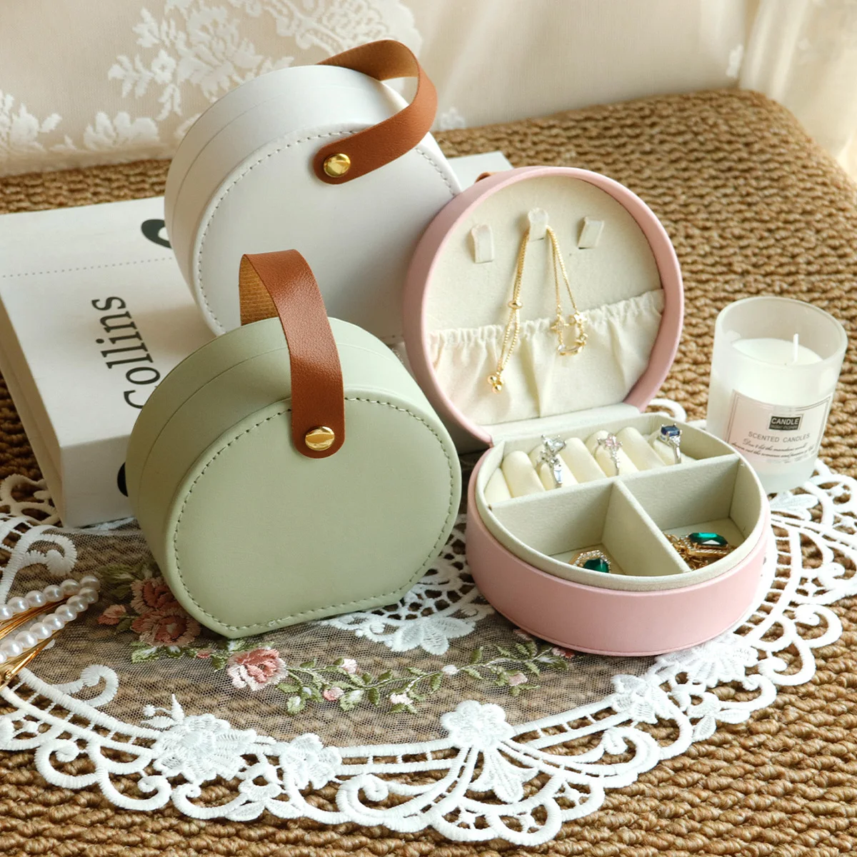 

Портативная полукруглая коробка для хранения ювелирных изделий, сумка из искусственной кожи, косметичка, чистый цвет, дизайн для ожерелья, сережек, колец