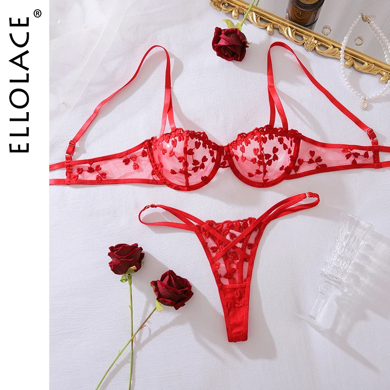 

Ellolace Premium Sexy Female Lingerie Seductive See Through Bra Brief 2PC Willowy Heart Embroidered Floral Women's Underwear