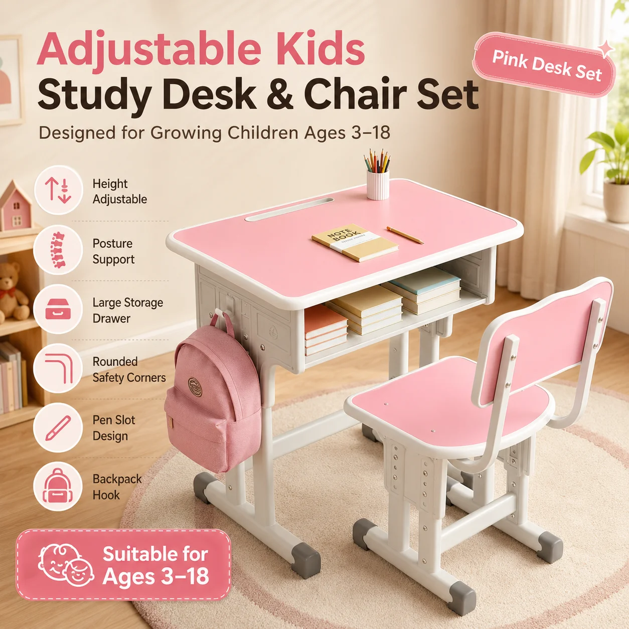 Höhenverstellbares Kinder-Schreibtisch-Stuhl-Set Ergonomische Haltungskorrektur Schülertisch für Alter 3-18