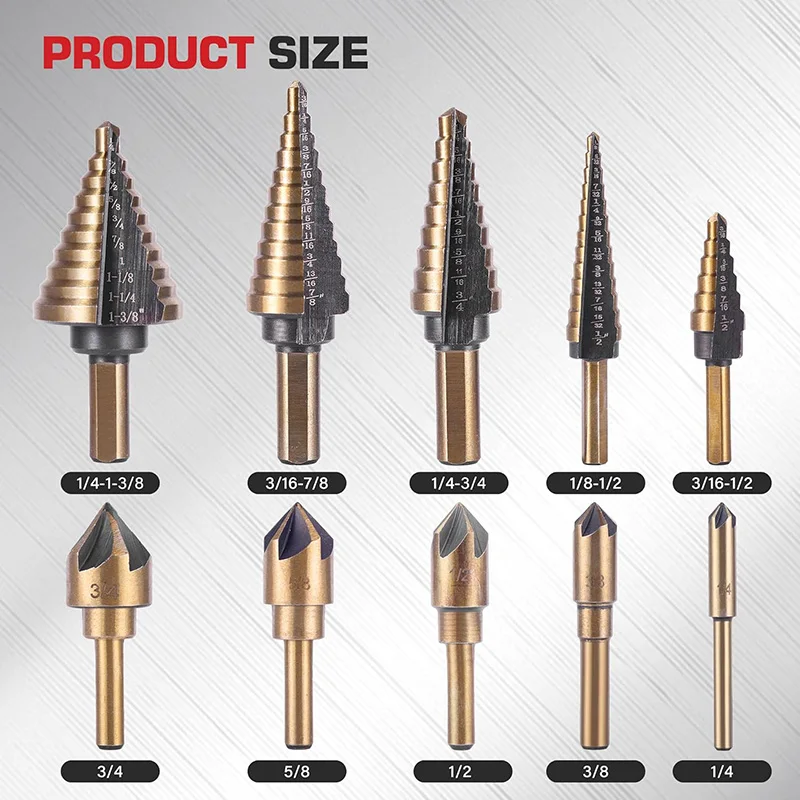 5Pcs Step Drill 5Pcs Countersink Drill Set HSS Step 50 Sizes of Step Bit For Multiple Hole Stepped Up Bits For DIY