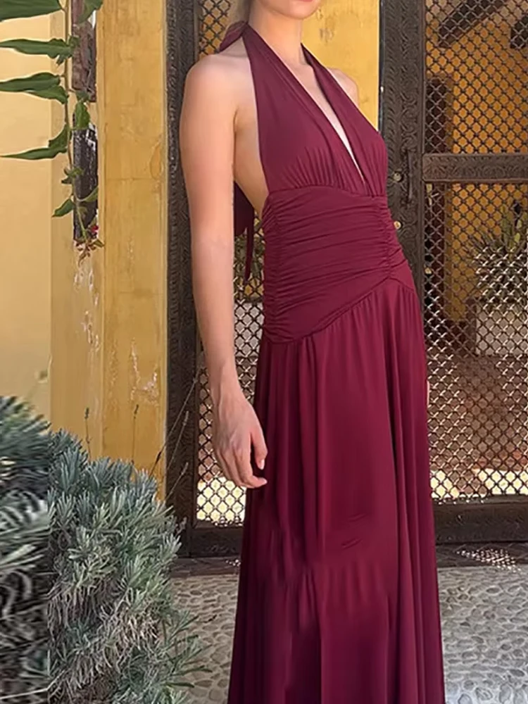 

Fashion Slim Hight Waist Gown Dress Women Elegant Hanging Neck Stamped Long Dress Sexy Split Draped Sleeveless Party Solid Dress