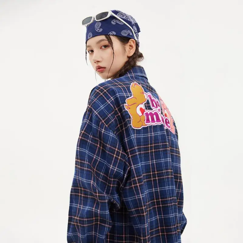 New Rainbow Bear Cartoon Plaid Shirt Jacket Autumn Kawaii Cute Girls Y2K Care Bear Embroidery Retro Loose Shirt