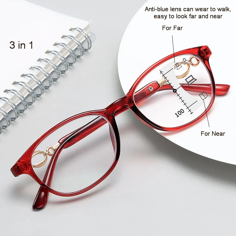 New 3 in 1 Progressive Multifocal Reading Glasses Women Anti-blue Eyeglasses Easy To Look Far and Near +1.0 To +4.0