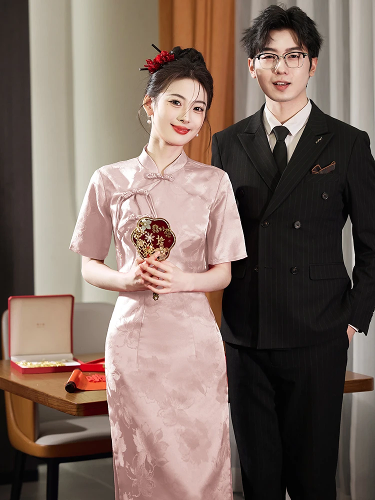 

Pink Wedding Dr Chinese Sle New Bride Suit Summer ort Sve mid Waist Fit for Marriage Return Home Set