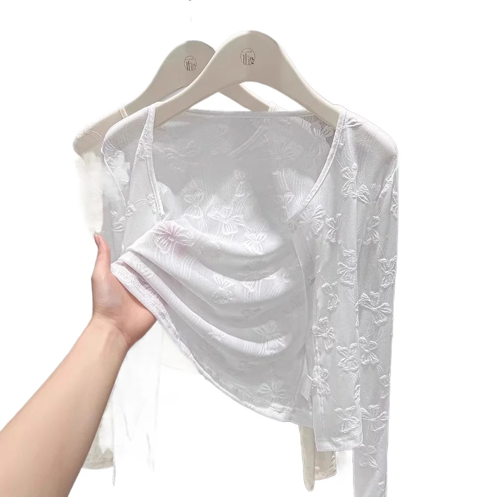 2026 New Temperament Grace National Style Mesh Skirt Shawl with Long-sleeved Top Sunscreen Blouse Solid Color Cardigan Thin