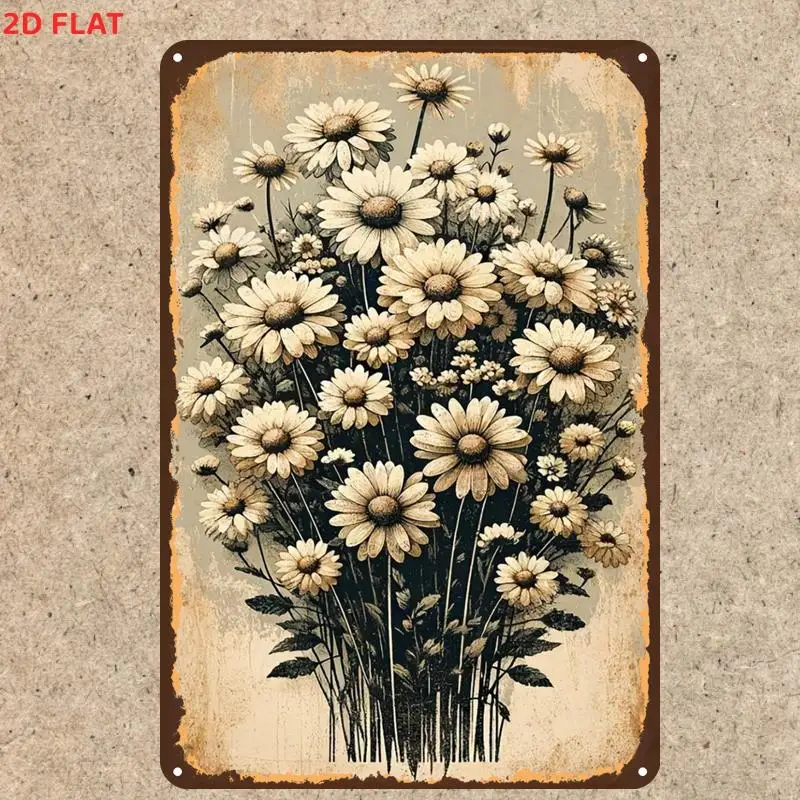 1Pcs 2D Flat Vintage Daisy Print Art Metal Tin Sign, Pre-drilled Holes Decorative Wall Plaque for Indoor Office Bathroom Wall De