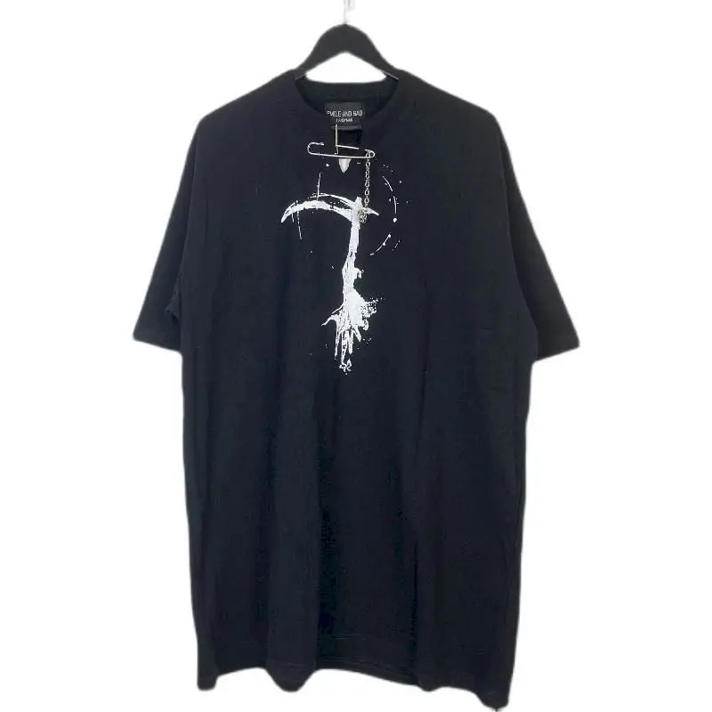 Cotton T-shirts for Women Men Dark Sickle Print Short Sleeve Tshirt Chain Pin and Claw Design Loose Top Personalized Hip Hop Tee
