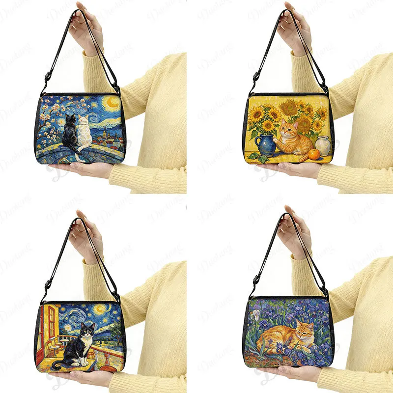 Kawaii Van Gogh Starry Sky Cats Pattern Shoulder Bag Black White Kitten Women Handbag Large Capacity Bag Phone Wallet Holder