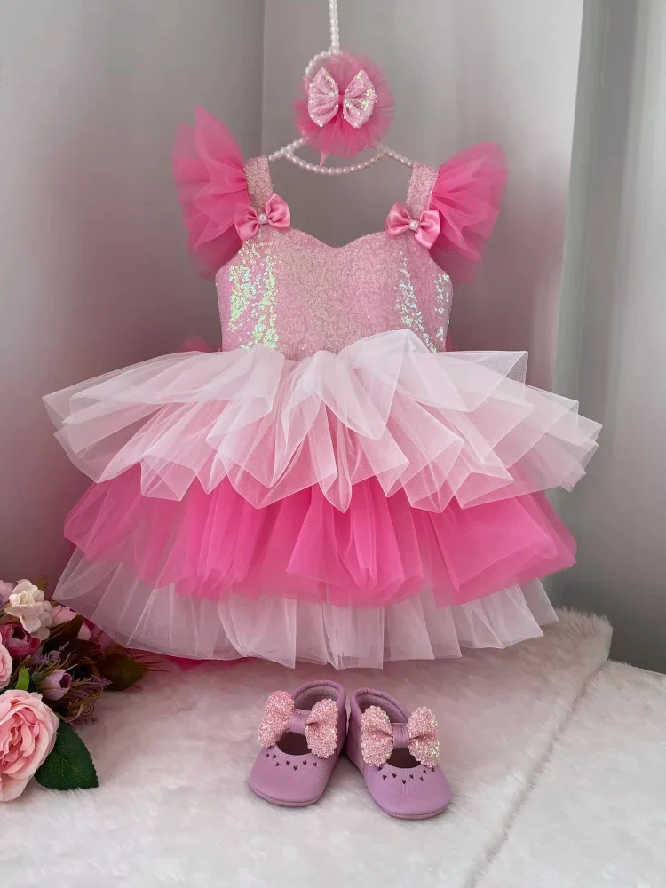 Vestido de princesa de flores para niña, tul hinchado, lazo escalonado de lentejuelas blancas y rosas con cola, sin mangas para boda, fiesta de cumpleaños, vestido de baile