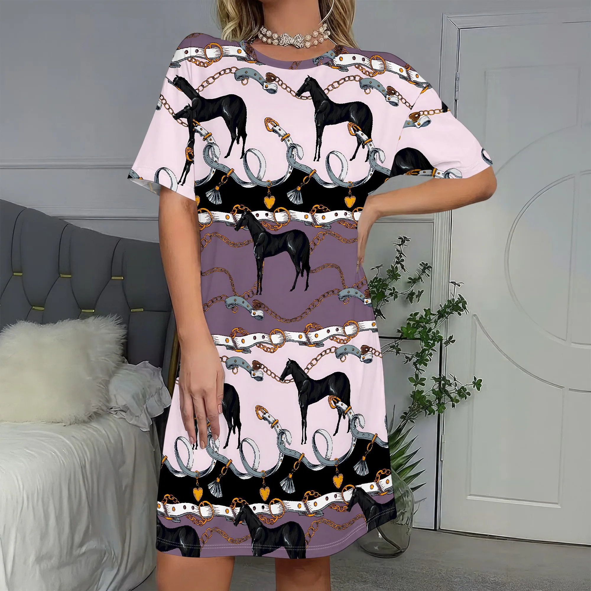 

Horse Print,Short Sleeve Dress,Equestrian Pattern,Summer Casual Wear,Ladies Fashion,S-2XL