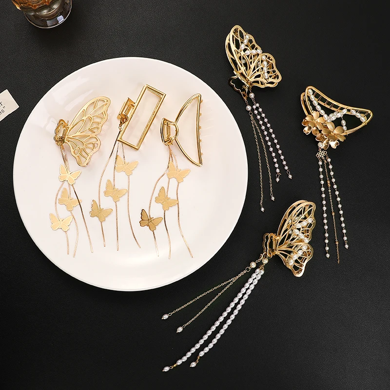 AWAYTR Metal Silver Gold Butterfly Hair Claw Women Vintage Tassel Pendant Hair Clips Headband Hairpin Hair Crab Hair Accessories