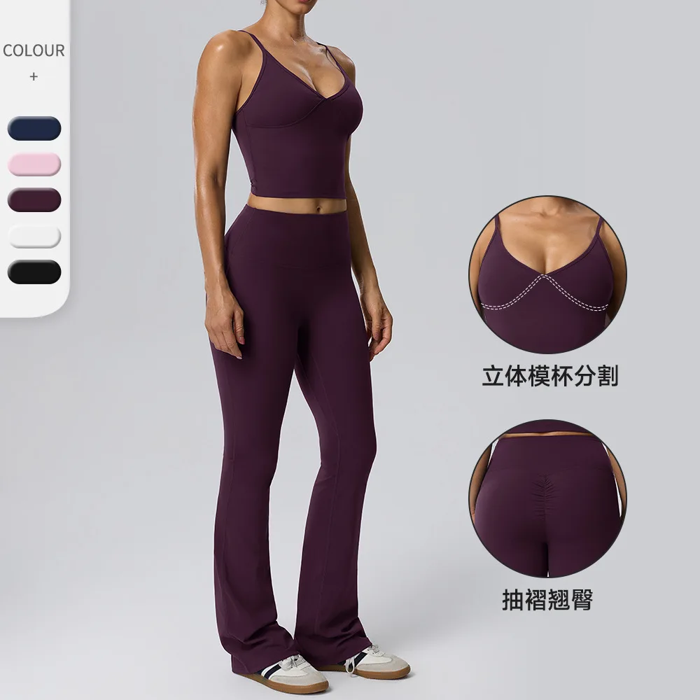 Quick drying Pilates sportswear chest cushion summer yoga suit set women's fitness suit yoga vest elastic waistband long pants