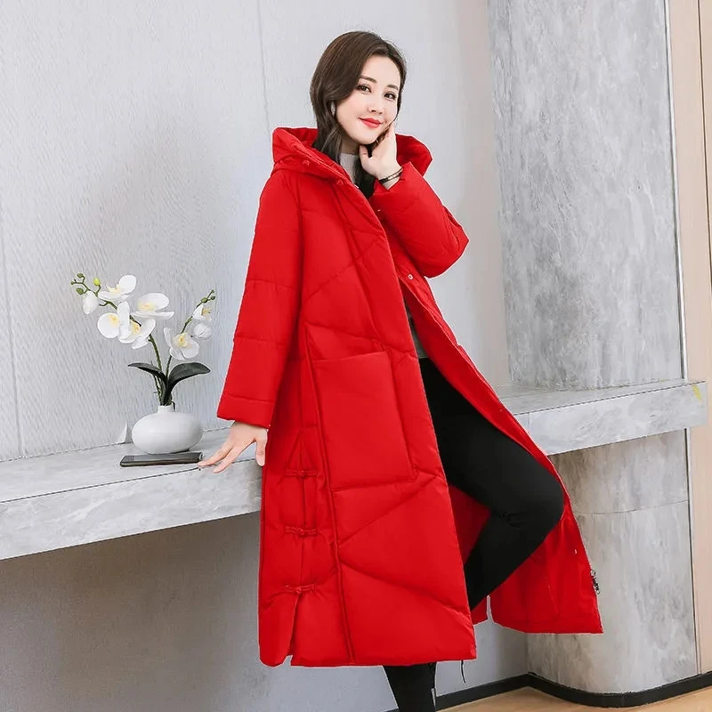 2023 Korean Jacket Women Winter X-long Parkas Solid Hooded Thicken Warm Female Snow Wear Coat Padded Loose Clothes