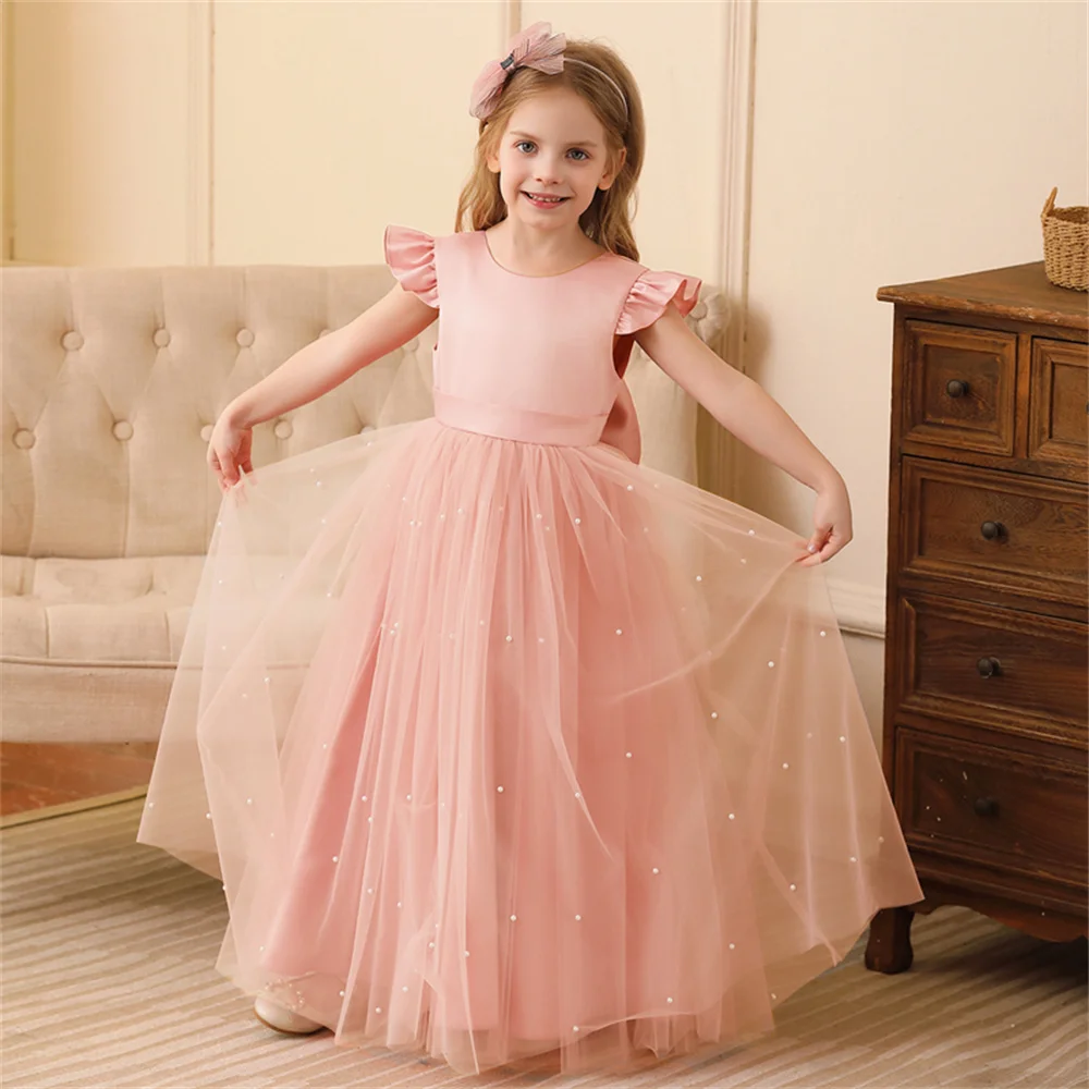 

Customized Girls Party Dresses Back Big Bow Prom Gown For Children Kids Formal Events Costume Birthday Princess Clothes