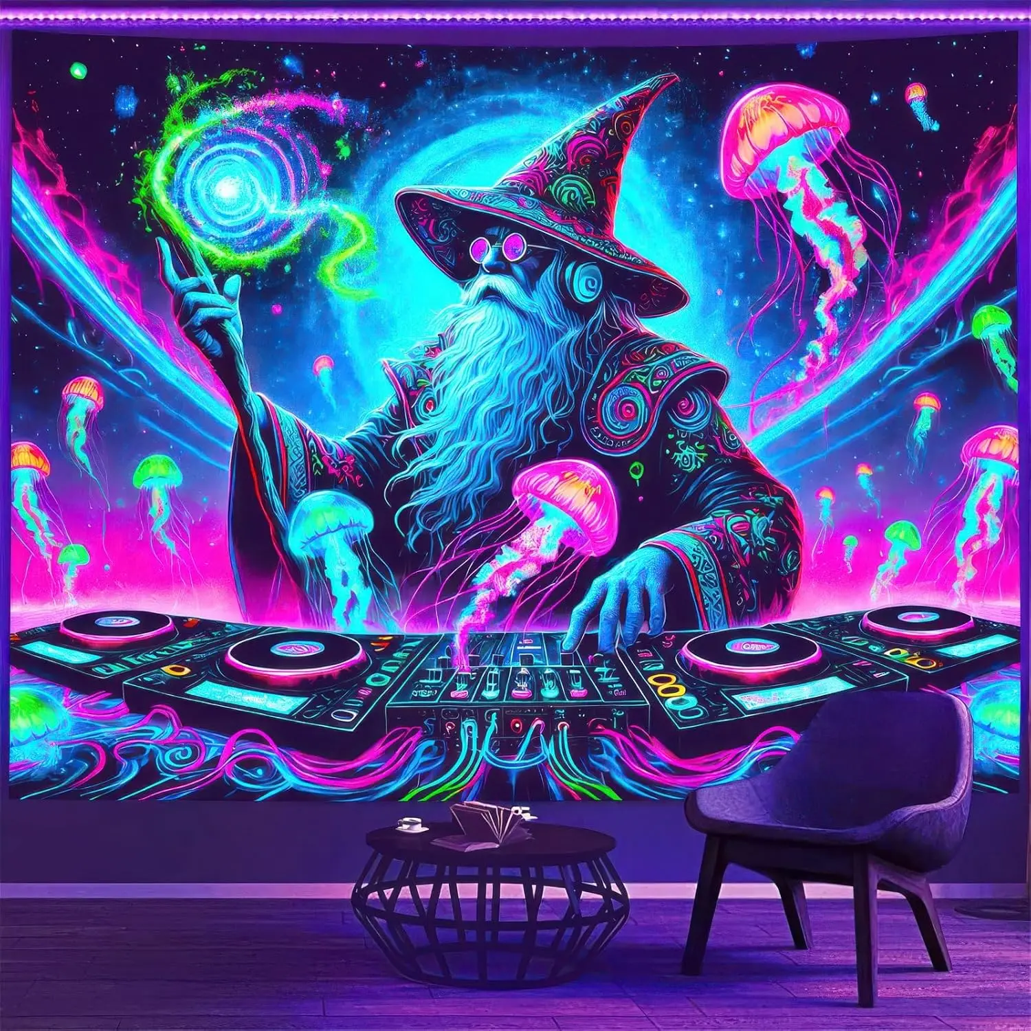 Ultimate Psychedelic Rave Neon Tapestry Wall Decor Bohemian Music Festival Cosmic Wizard DJ Art Hanging Poster Backdrop