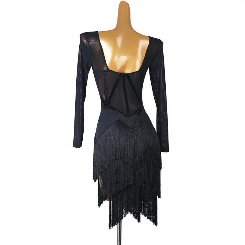 Nowa sukienka do tańca latynoamerykańskiego z frędzlami dla kobiet, na występy, salsę, rumby, imprezy, z długim rękawem, strój sceniczny do tańca towarzyskiego, 2025