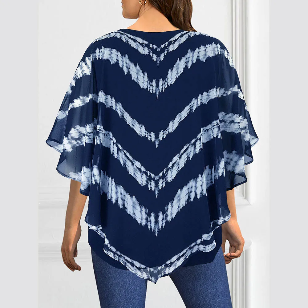Women's Plus Size Chiffon Stripe Printed Blouse Elegant Round Neck Double-Layered Summer Top Casual Loose Female Cape Pullovers